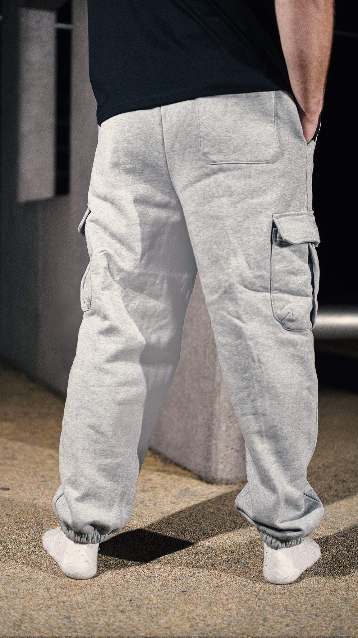 NO EXCUSES Cargo Jogger in Grey, side view with cargo pocket